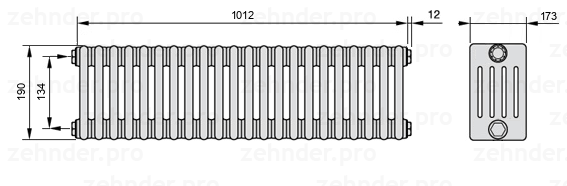 Схема (чертеж) Радиатор Zehnder Charleston 5019/22 №1270 Белый глянцевый RAL 9016